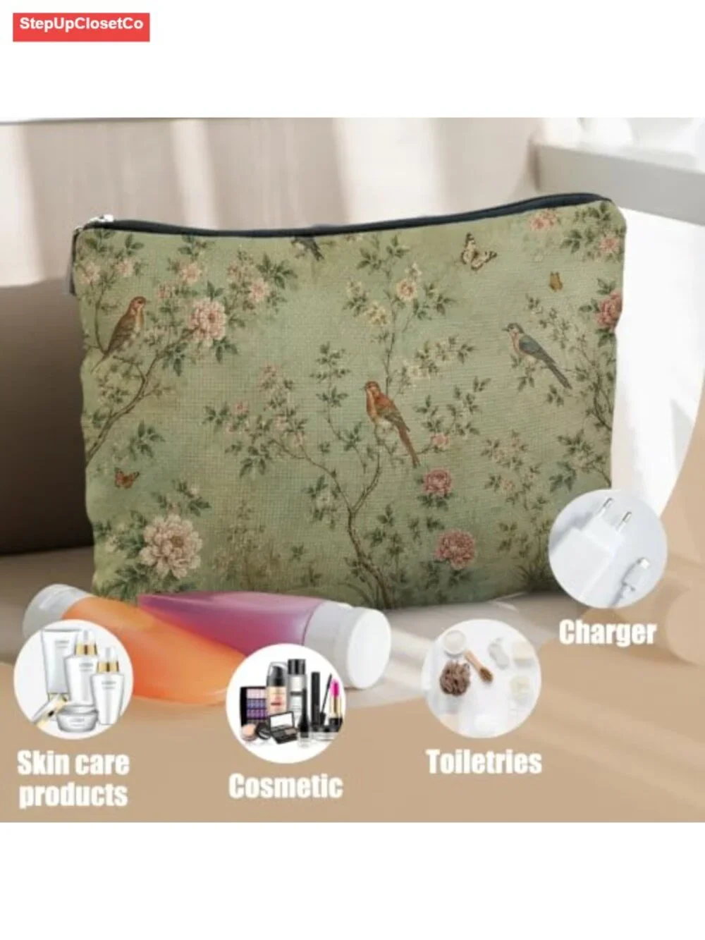 Chinoiserie Floral Cosmetic Bag for Women | Linen Toiletry Zipper Pouch Travel
